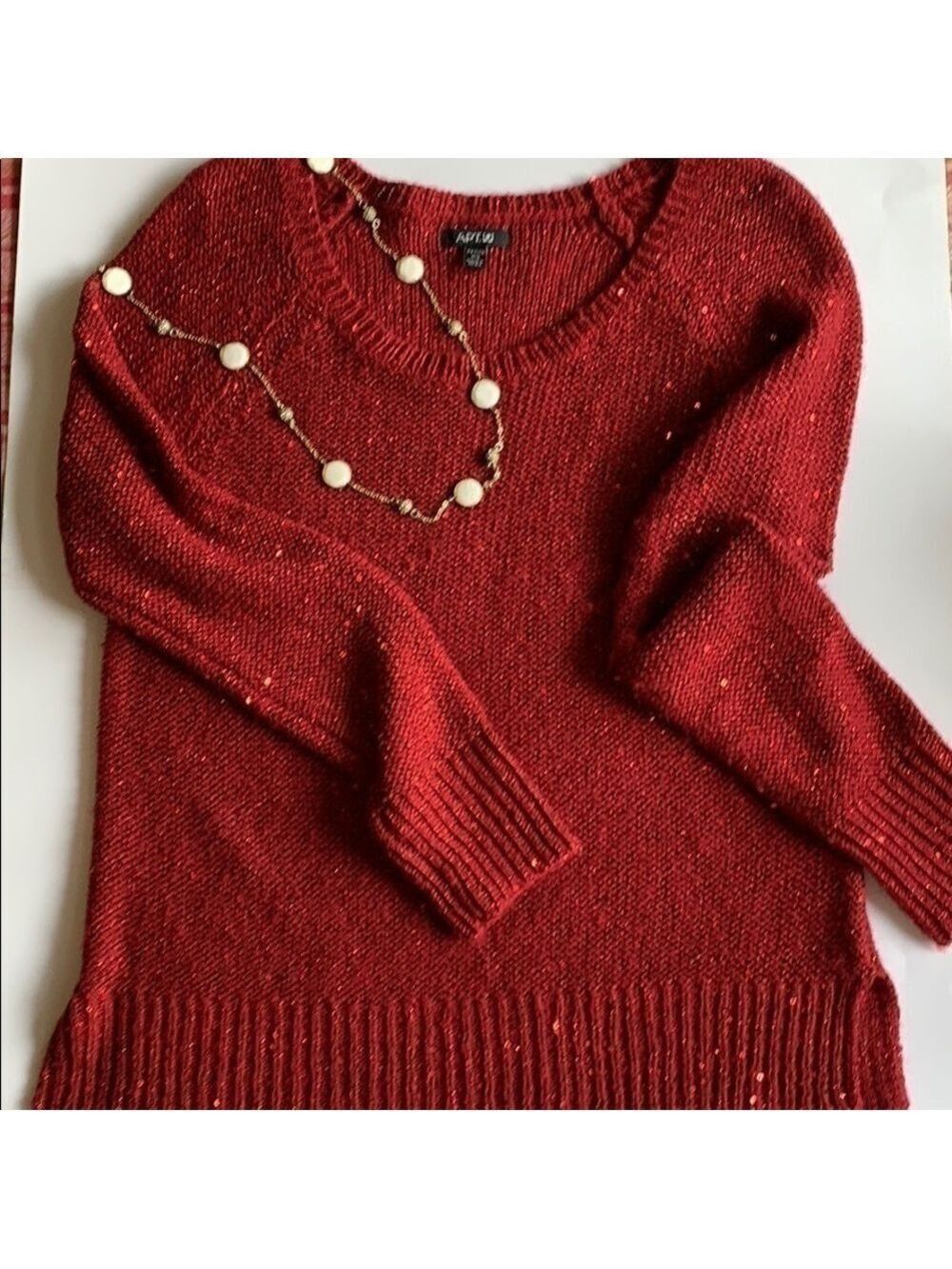 APT 9 deep ruby red sweater long sleeve pullover sparkle festive valentine